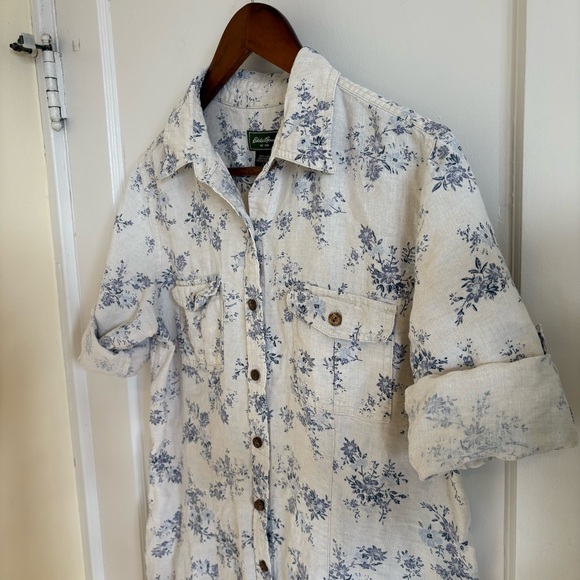 Eddie Bauer Prarie Linen Floral Shirt Dress Cream & Blue 3/4 Sleeve Large - Picture 2 of 10